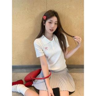 女短袖 2025新款 POLO领针织衫 夏季 上衣 蝴蝶结修身 正肩t恤甜辣短款