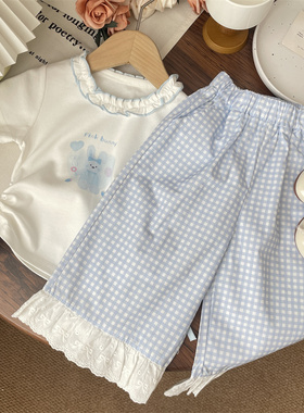 韩系夏装女童蓝色格子蕾丝花边直筒裤宝宝阔腿裤儿童九分裤子薄款