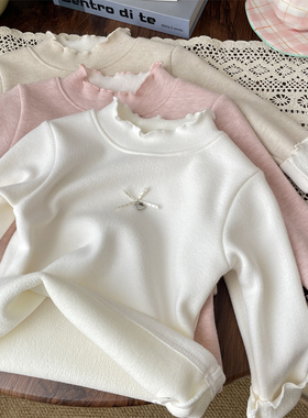 2025秋冬女宝蝴蝶结半高领一体绒打底衫宝宝保暖上衣小童儿童加厚