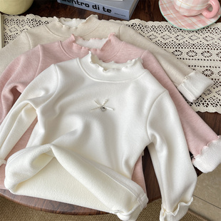 2025秋冬女宝蝴蝶结半高领一体绒打底衫 宝宝保暖上衣小童儿童加厚