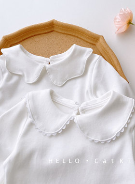 女宝宝打底衫春秋纯棉白色女童花瓣领长袖娃娃领衬衫婴儿内搭上衣