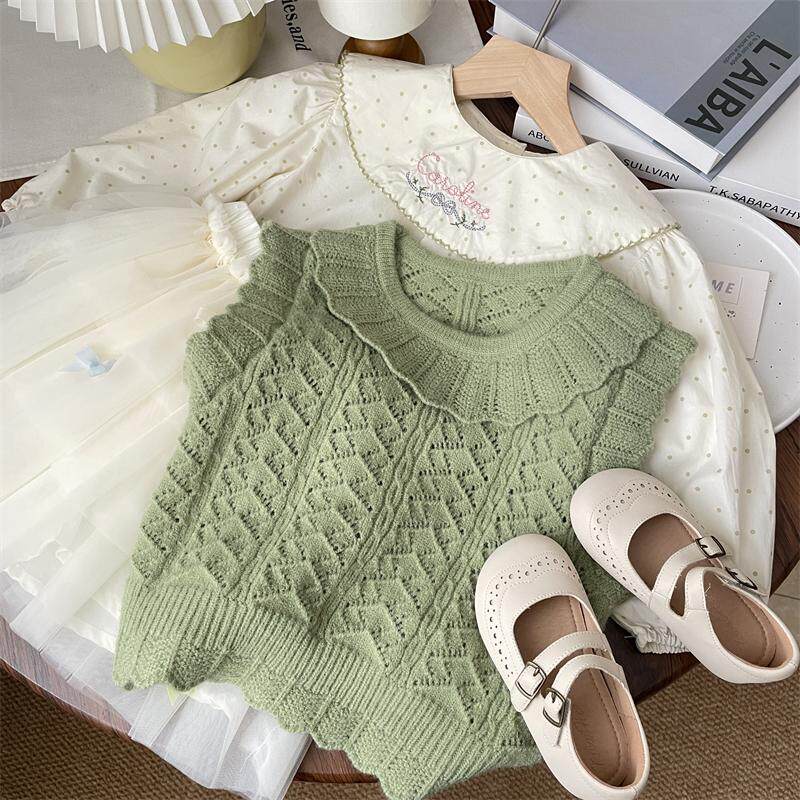 2025春女童绿色荷叶边翻领针织套头马甲洋气宝宝背心小童儿童坎肩
