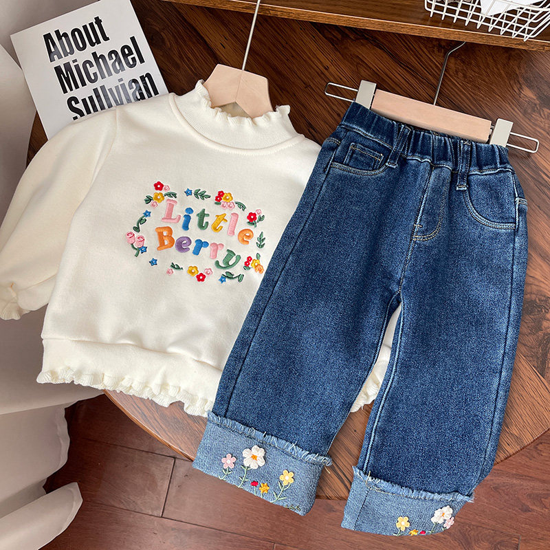 立体花朵翻边一体绒牛仔裤