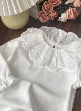 秋季女童宝宝婴儿蕾丝荷叶领长袖打底衫白色翻领上衣公主内搭纯棉