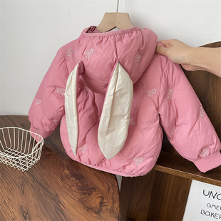 女童羽绒服2024新款洋气冬季宝宝连帽外套玫红色公主保暖衣服加厚