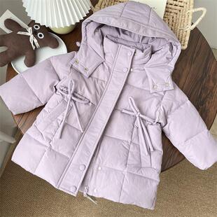 冬天女童羽绒服中长款紫色宝宝小童儿童洋气收腰加厚外套公主上衣