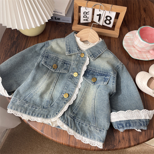 2025春秋女童蕾丝花边拼接牛仔外套宝宝翻领公主开衫 儿童幼儿园女