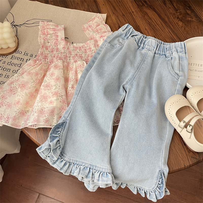夏款花边开叉牛仔喇叭裤