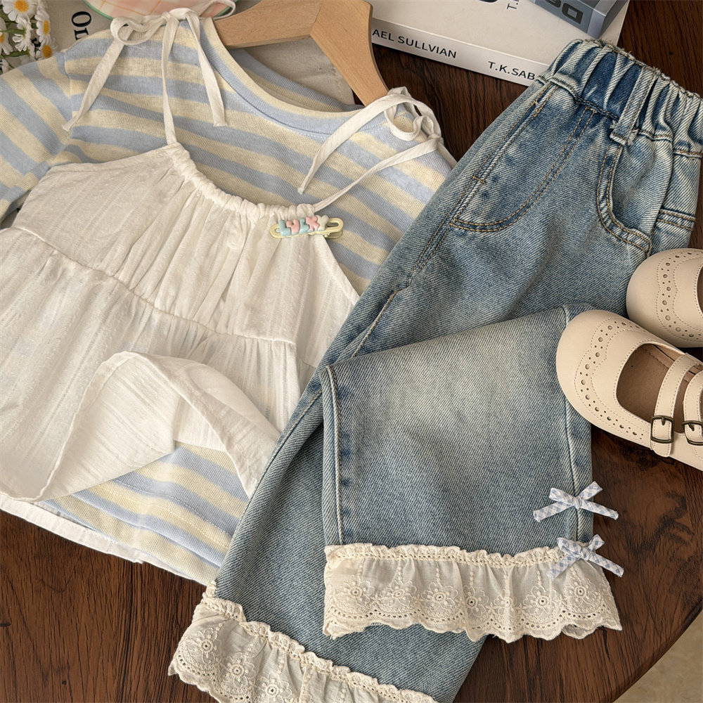 2026春季女童蓝色蝴蝶结蕾丝花边牛仔裤宝宝公主裤子儿童阔腿裤女,童装/婴儿装/亲子装,裤子,淘宝优惠券,粉丝福利购,淘宝优惠卷