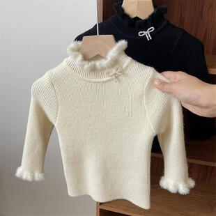 冬季 儿童公主 女童木耳边领一体绒加厚毛衣婴儿宝宝加绒针织打底衫