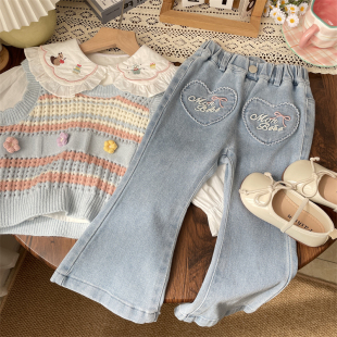 宝宝儿童裤 女童爱心口袋蝴蝶结刺绣牛仔喇叭裤 子洋气 秋季 韩系童装
