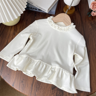 2025春秋女童花边领裙式长袖打底衫宝宝白色内搭衣服儿童长袖t恤
