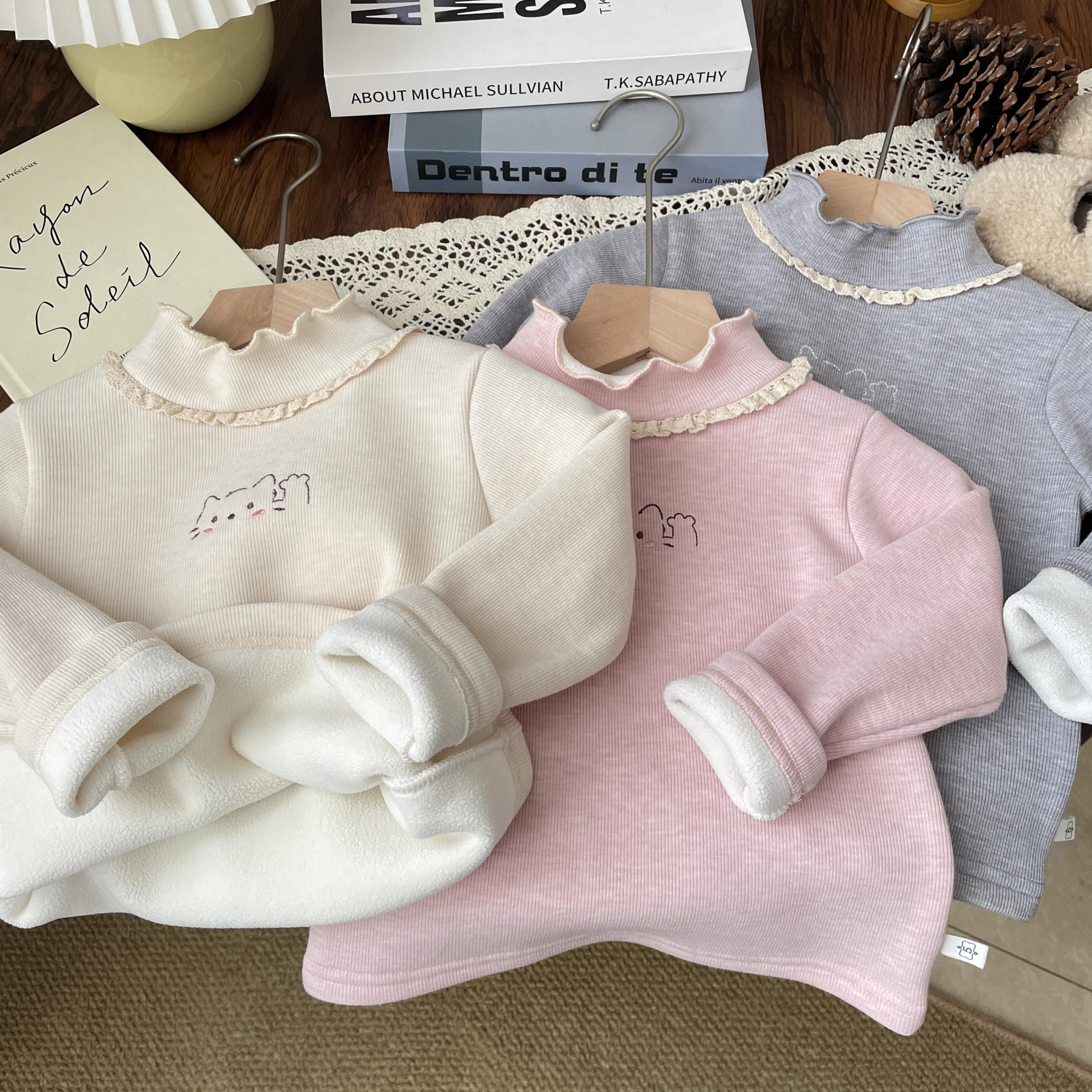 2025秋季女宝刺绣蕾丝花边一体绒打底衫女童加绒加厚内搭上衣儿童