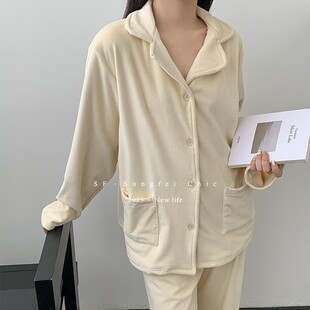 3825澳毛绒加厚睡衣套装冬季新款加绒保暖家居服二件套宽松翻领女