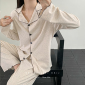 3733撞色螺纹家居服女套装 秋冬新款 弹力透气睡衣二件套翻领木耳边