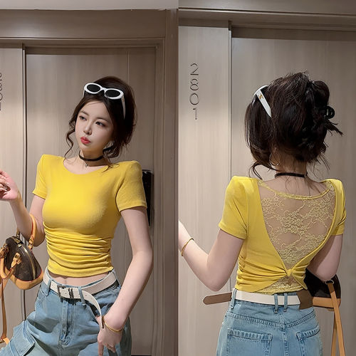 纯欲风蕾丝拼接露背短袖T恤女夏季新款辣妹修身显瘦时尚打底上衣