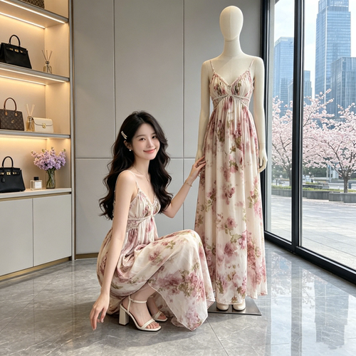 Fart Shop花漾花海 V领绑带露背吊带连衣裙女春夏蕾丝修饰裙