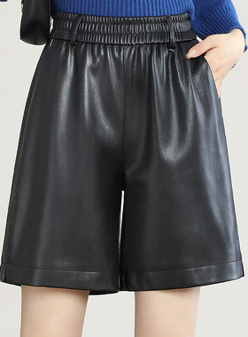 海宁真皮皮裤休闲女秋季新款短裤绵羊皮五分裤松紧高腰百搭阔腿裤