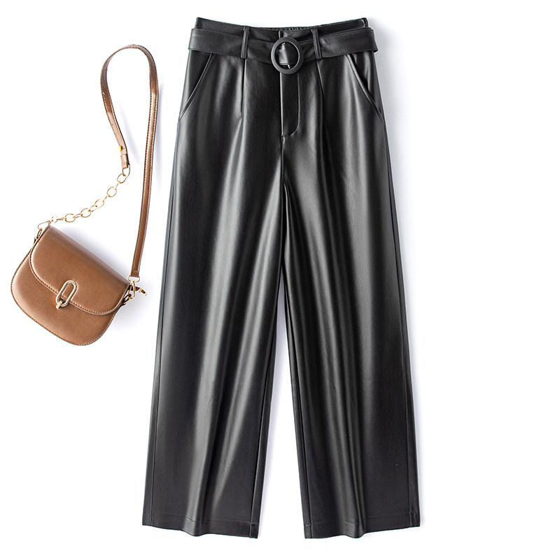 海宁真皮皮裤女松紧高腰阔腿裤百搭显瘦九分裤休闲裤2025秋冬新款