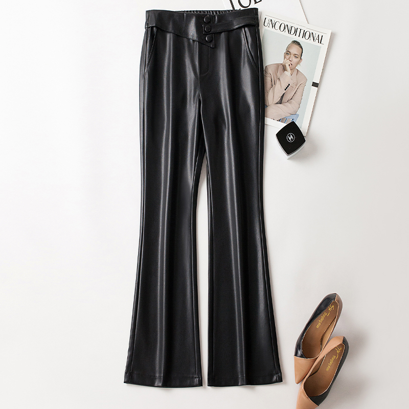 海宁真皮皮裤女高腰线羊皮微喇裤