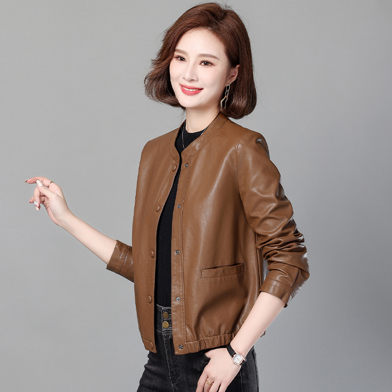 海宁真皮皮衣女短款圆领显瘦外套