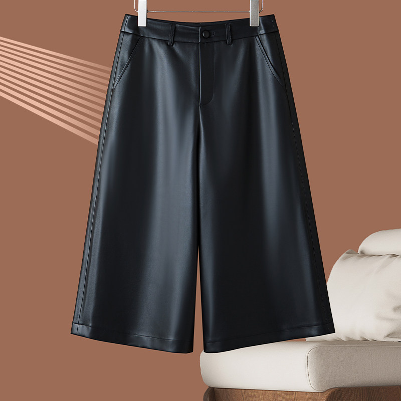 海宁真皮皮裤女高腰显瘦八分裤阔腿裤宽松休闲直筒裤秋季新款裤子,女装/女士精品,皮裤,淘宝优惠券,粉丝福利购,淘宝优惠卷