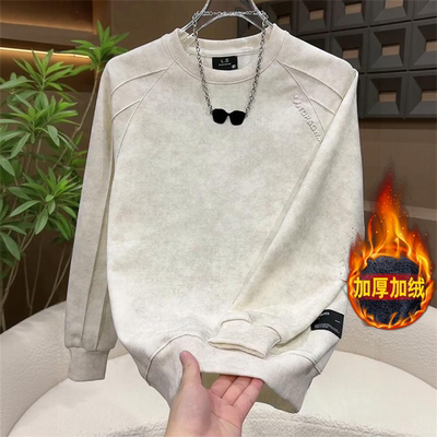 秋冬新款加绒加厚圆领休闲卫衣男款潮流时尚百搭长袖上衣男打底衫