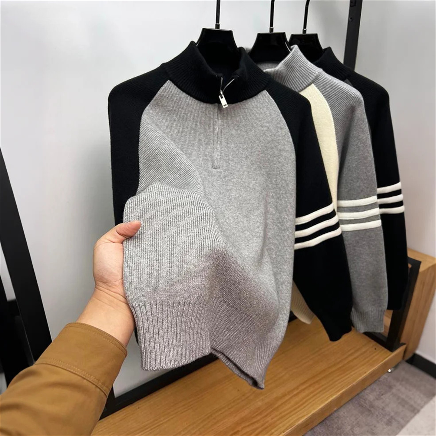 三条杠半拉链毛衣男半高领秋冬季保暖加厚慵懒风针织打底衫男外套