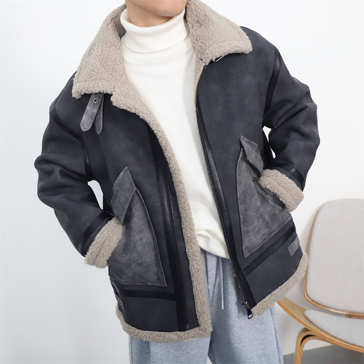 黑色羊羔绒外套秋冬季加厚男日系皮毛一体机车棉服保暖麂皮绒棉衣