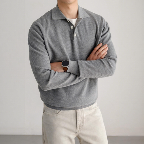 老钱风翻领针织衫男长袖灰色通勤毛衣松弛风保暖纯色秋冬季上衣男