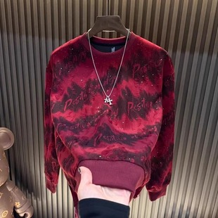 红色满天星烫钻卫衣男加绒保暖圆领长袖本命年新年秋冬季上衣潮牌