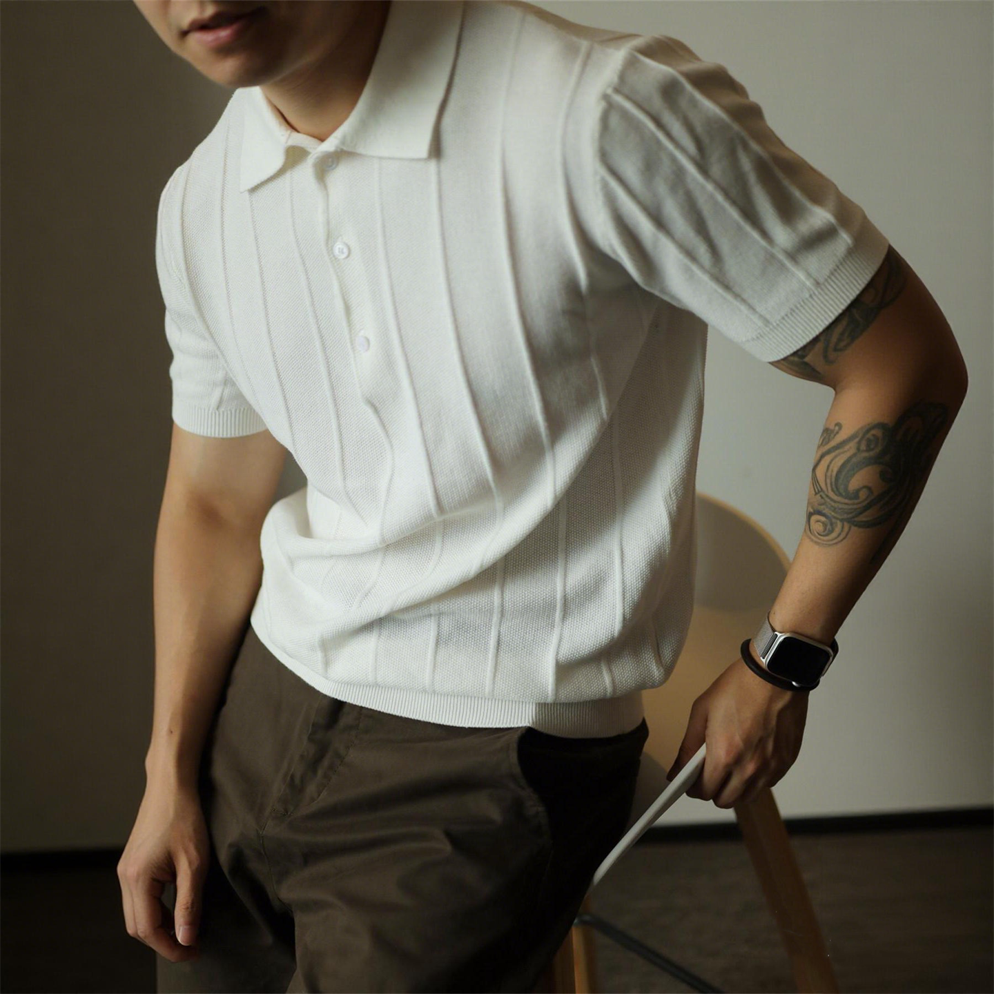 轻熟风翻领针织衫男士短袖白色修身透气通勤亲肤老钱风POLO衫夏季