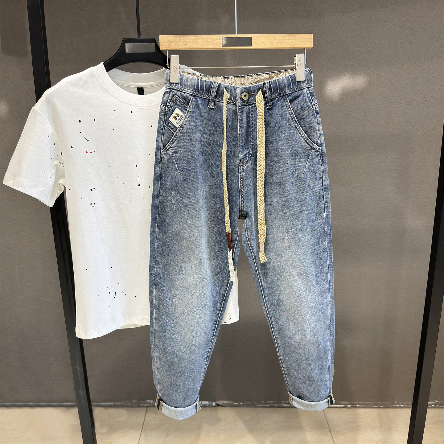 松紧腰牛仔裤男九分秋冬季潮流修身百搭弹力休闲男士抽绳锥形裤男