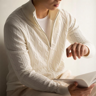 老钱风纯色绞花针织开衫毛衣男秋冬穿搭潮牌痞帅休闲百搭立领外套