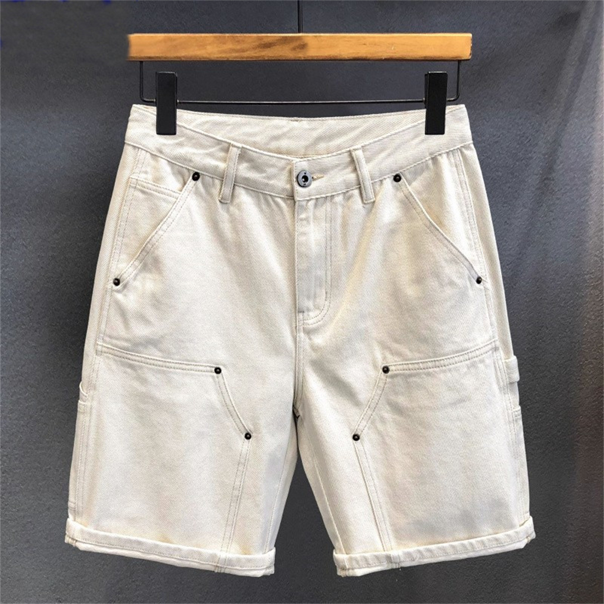 2025夏季新款白色简约百搭休闲五分牛仔短裤男痞帅潮流抽绳中裤子