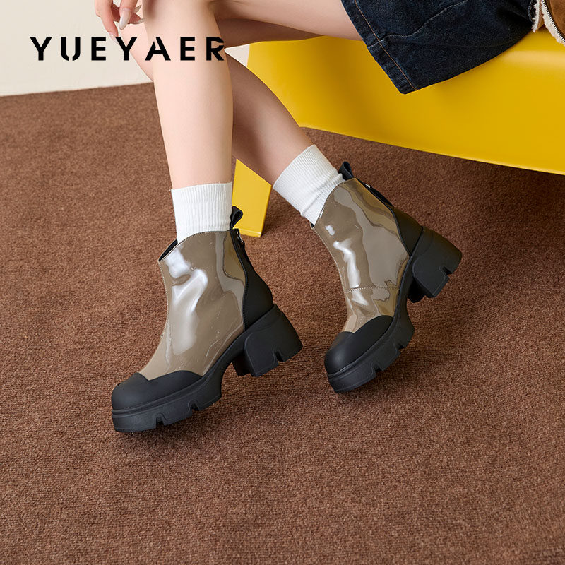 月芽儿短靴女新款小香风拼色冬季单里厚底后拉链保暖时装靴子,女鞋,切尔西靴,淘宝优惠券,粉丝福利购,淘宝优惠卷