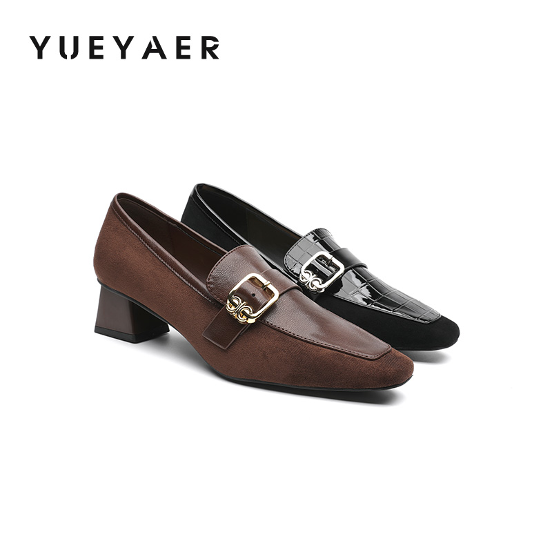 月芽儿粗跟方头乐福鞋女2025新款秋季英伦风一脚蹬小皮鞋中跟单鞋