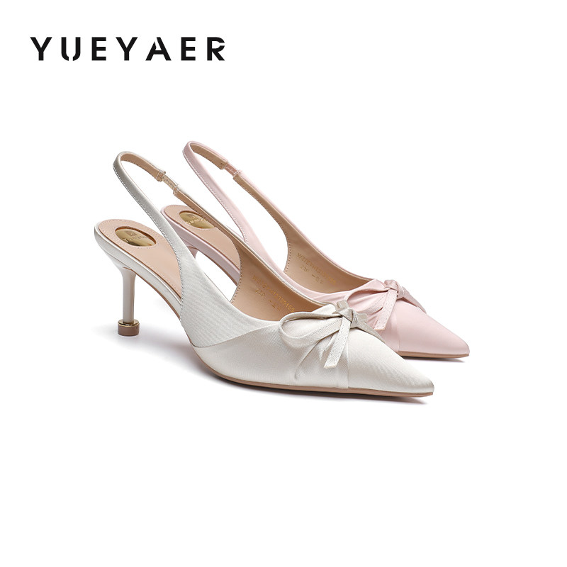 月芽儿尖头细跟高跟鞋女2026夏季新款后空包头凉鞋蝴蝶结气质单鞋