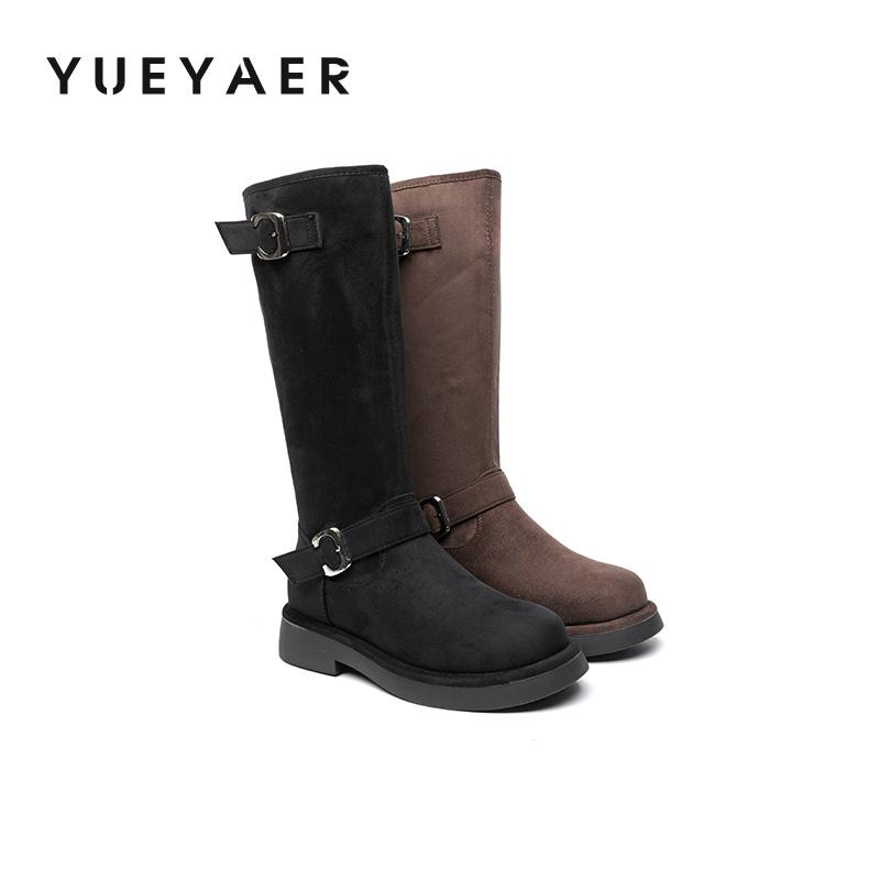 月芽儿复古美拉德绒面骑士靴