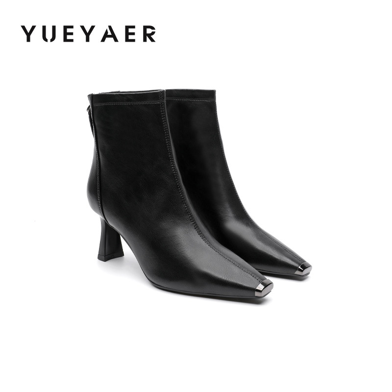 月芽儿2025新款时尚百搭细跟时装靴女通勤短筒靴高跟后拉链短靴子,女鞋,时装靴,淘宝优惠券,粉丝福利购,淘宝优惠卷