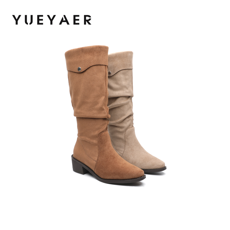 月芽儿美拉德长靴女2025新款冬季加绒堆堆靴尖头长筒靴加绒骑士靴