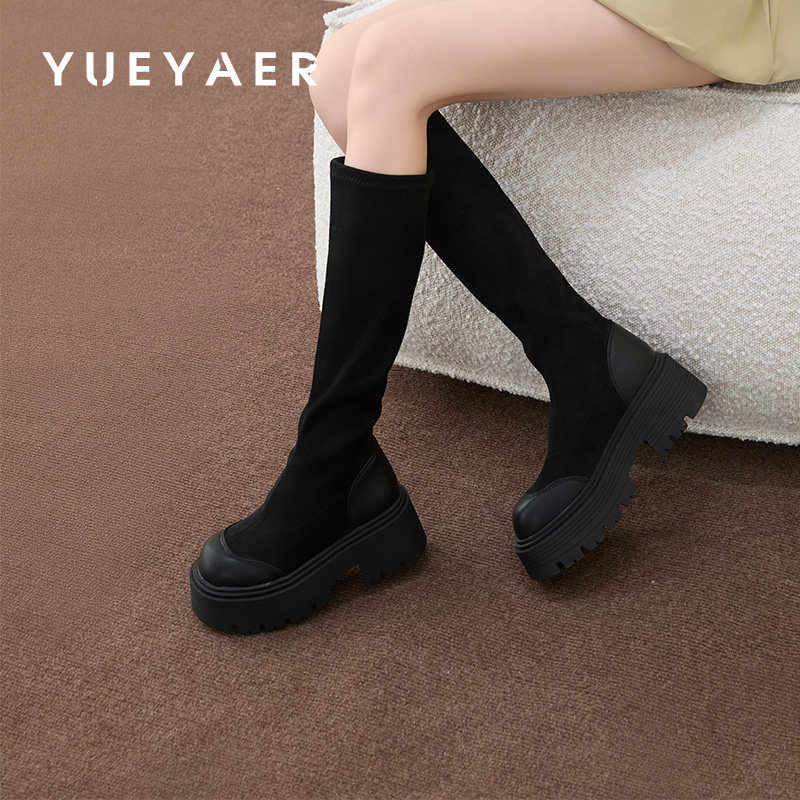 月芽儿冬季新款显瘦包腿绒面长靴粗跟厚底小个子增高骑士靴子,女鞋,骑士靴,淘宝优惠券,粉丝福利购,淘宝优惠卷