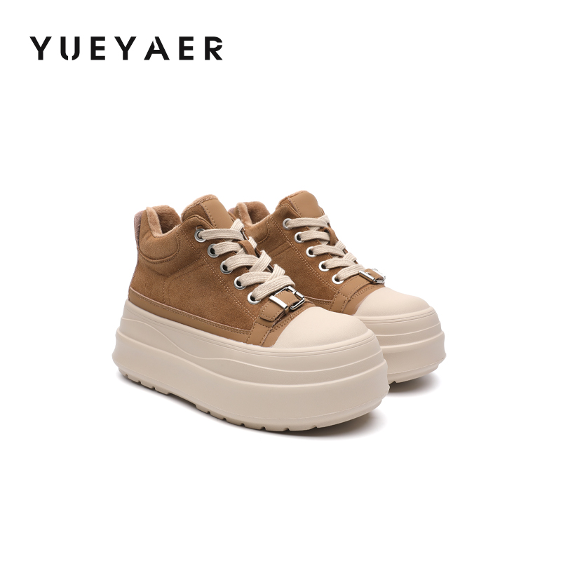 月芽儿2025年秋冬新款厚底加绒高帮鞋女百搭系带松糕底板鞋面包鞋