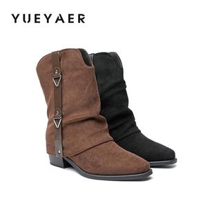 月芽儿美拉德尖头短靴女牛仔靴秋冬棕色中筒靴子绒面裤管靴堆堆靴