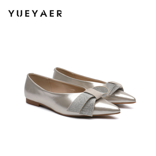 月芽儿名媛风水钻尖头浅口单鞋女2026春季新款平底蝴蝶结气质女鞋