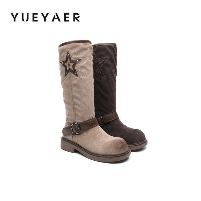 月芽儿2025冬季新款美拉德五角星柳钉骑士靴绒面圆头高筒西部靴女,女鞋,骑士靴,淘宝优惠券,粉丝福利购,淘宝优惠卷