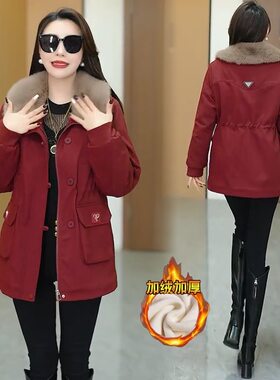 中老年女加绒加厚显瘦派克服