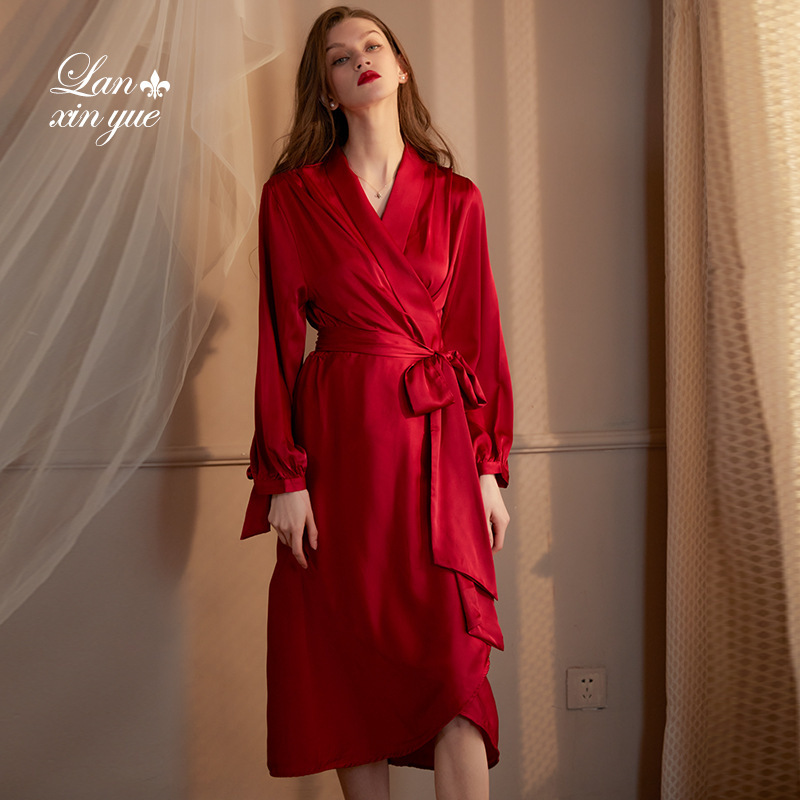 结婚晨袍女新娘伴娘冰丝长款睡袍