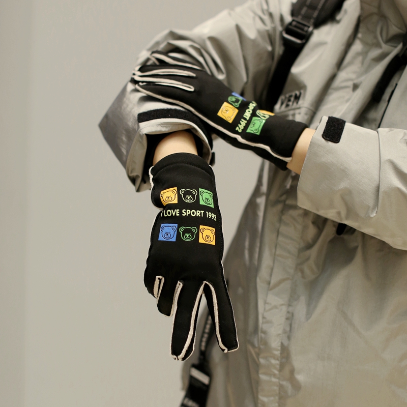 撞色小熊骑行电动车复合保暖手套
