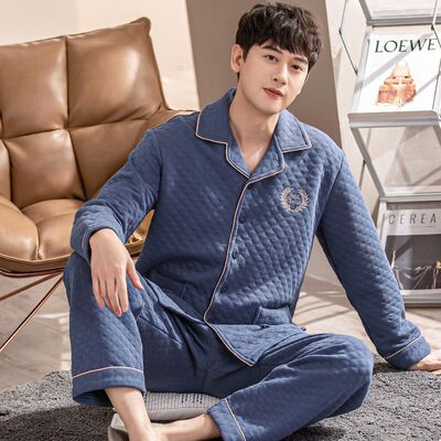 秋冬季加厚纯棉长袖睡衣男保暖夹层薄夹棉中老年家居服套装
